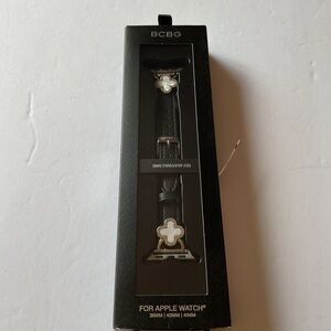 BCBG MAW24 BLACK LEATHER STRAP BAND  APPLE WATCH CLOVER DETAIL SILVER BUCKLE NWT